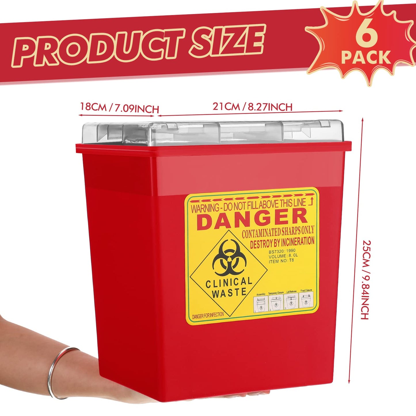 Lothee 6 Pack 2 Gallon Sharp Containers for Needles Disposal Containers Sharps Biohazard Needle and Syringe Disposal, Medical Grade, Red