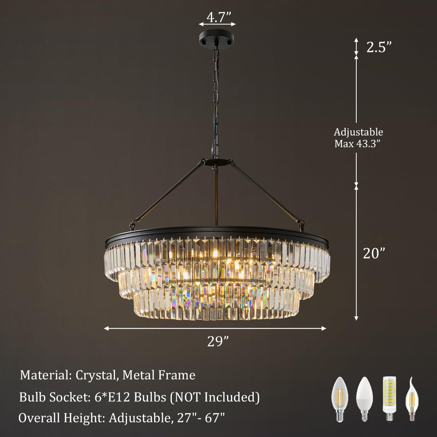 Black Modern Round Crystal Chandelier: 28" K9 Luxury Crystals Contemporary Chandeliers for Dining Room Lights over Table - Adjustable Large Light Chandelier for Bedroom Living Kitchen Entryway Foyer
