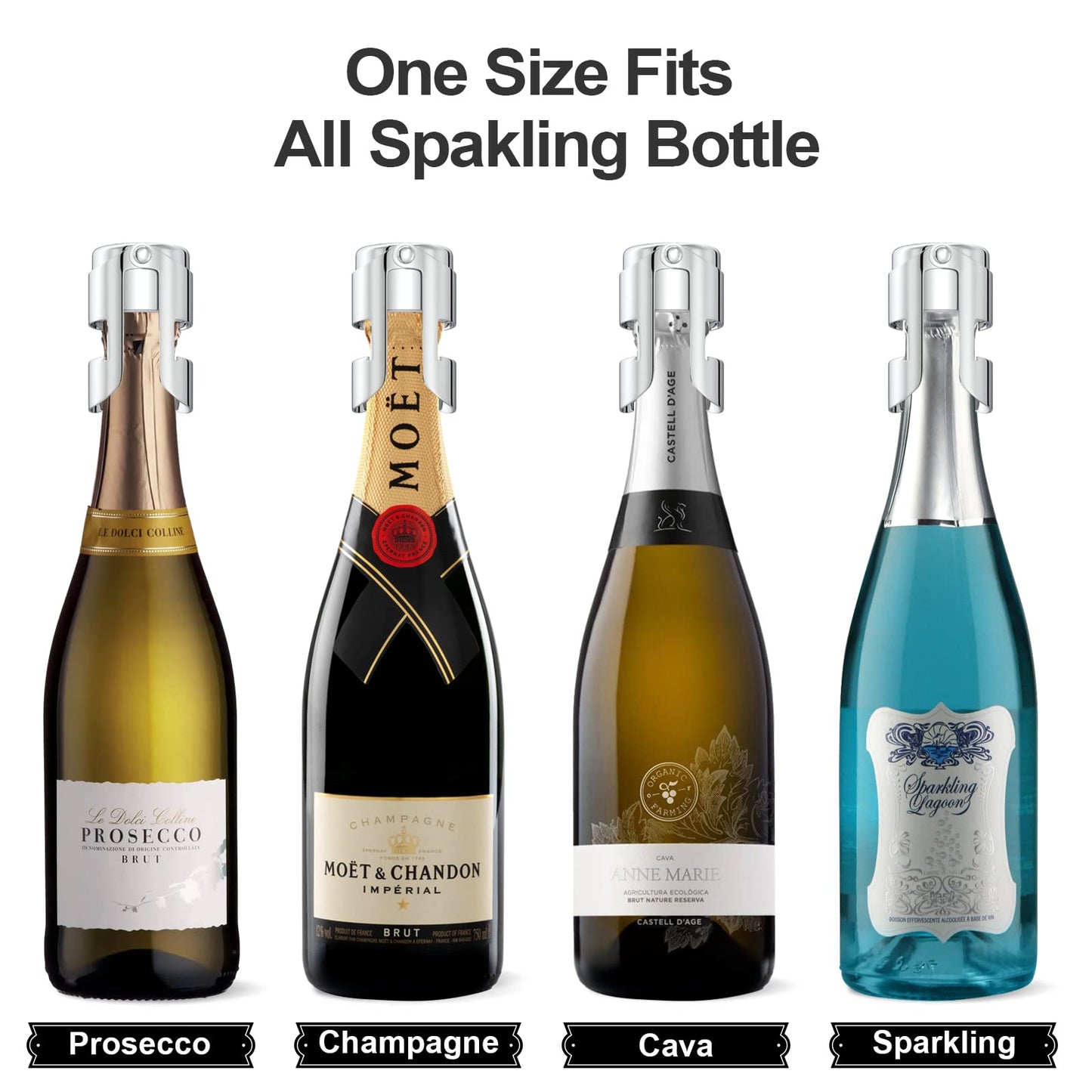 HYZ Champagne Stoppers - Stainless Steel Sparkling Wine Bottle Stopper with Pure Silicone Air Tight Seal - Professional Wine Saver for Champagne，Prosecco and Cava (2Pack Chrome)