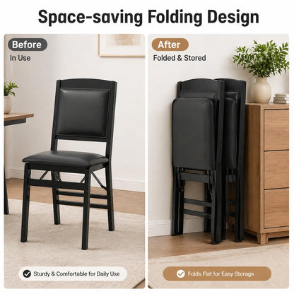 POWERSTONE Folding Chairs Set of 4 with Padded Seat, Foldable Kitchen Dining Chair with Solid Wood Frame, No Assembly Space Saving Design for Home Living Room Small Space (4, Black)