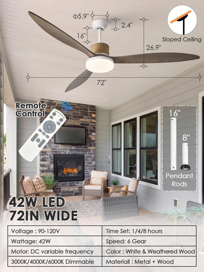 FookChak 72in Large Boho White Ceiling Fan Lights with Remote Control 42W LED Coastal Ceiling Fan with Lights 3 Blade Weathered Wood Ceiling Fans Outdoor Farmhouse for Patio Living Room Kitchen