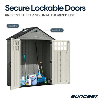 Suncast Everett 6x3 ft Vertical Storage Shed - Resin Outdoor Garden Shed with Floor, Windows, Skylight & Lockable Double Doors. Slim Yard Storage for Utility Tools & Backyard Equipment