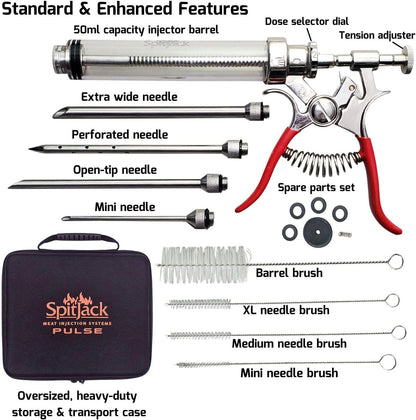 SpitJack PULSE Meat Injector Gun, BBQ Meat Marinade Injector Kit for Brisket, Pork Shoulder, Turkey and Chicken, 50ml with 4 Stainless Steel Needles, Case and Guide