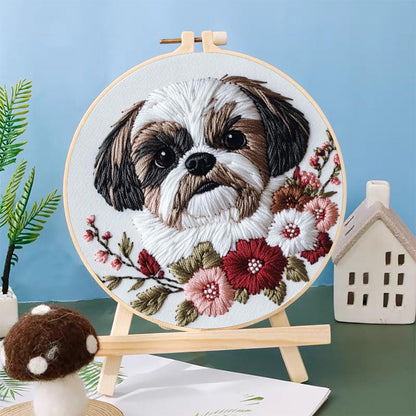 Punch Needle Kits Shih Tzu Dog and Flowers Embroidery Starter Set with Hoop Easy for Beginners DIY Stress Relief Handmade Craft Hobby and Home Decor 20x20cm-3