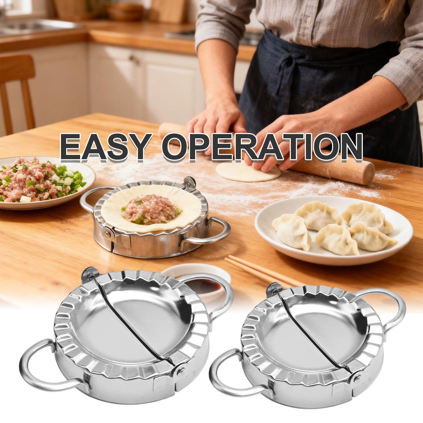 Newnessai Stainless Steel Dumpling Maker Kit With Stuffing Spoon, Includes 2Pcs Small Dumpling Molds and 2 Large Ravioli Maker Press, Easy-tool for Dumpling Pastry Pie Making
