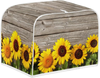 Sunflower Wood Board Toaster Cover, Quilted Polyester for Four Slice Dust Protection with Top Handle