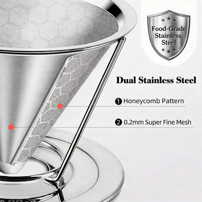 Vikuces®800 Mesh Reusable Pour Over Coffee Dripper, Metal Stainless Steel Honeycomb Filter, Paperless Cone Filter for Hario V60, Chemex and Mugs with Separate Stand, Single Cup Coffee Maker, 1-4 Cup