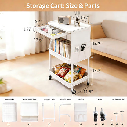3 Tier Rolling Cart with Wheels and Drawers,Utility Storage Organizer Cart with Fabric Bag & Silent Casters for Nail Art, Makeup, Book, Nursery, Dorm Room Essentials and Kitchen, White