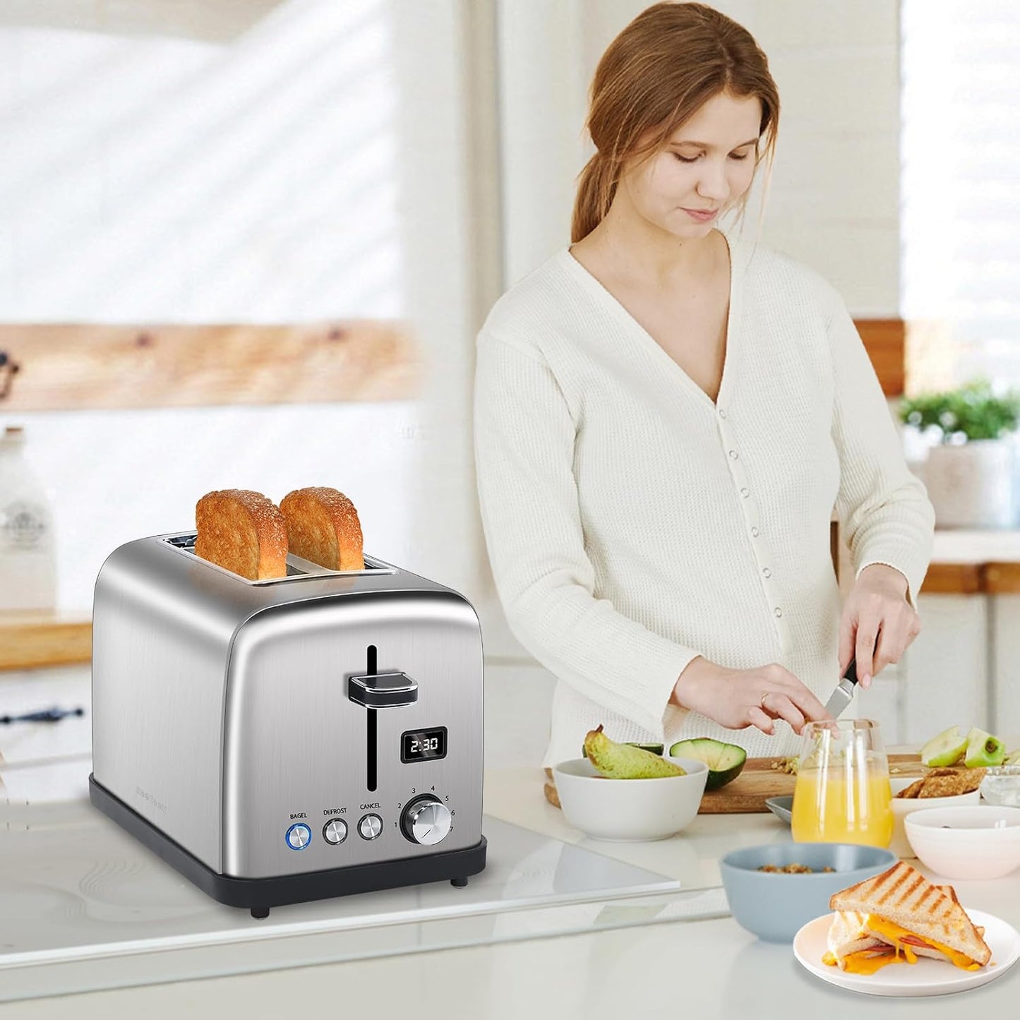 SEEDEEM 2 Slice Toaster, Stainless Steel, LCD Display, 7 Shade Settings, Digital Bagel & Defrost Function