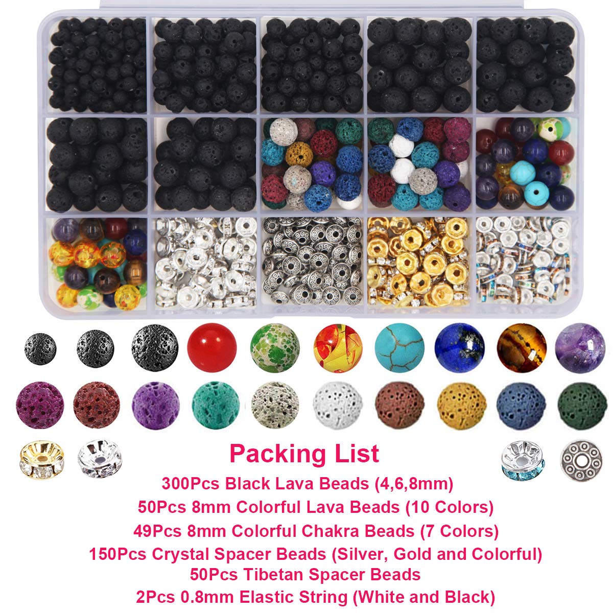 EuTengHao 602Pcs Lava Beads Stone Kits with 8mm Chakra Beads and Spacers Beads Bracelet Elastic String for Diffuse Essential Oils Adult DIY Jewelry Making Supplies