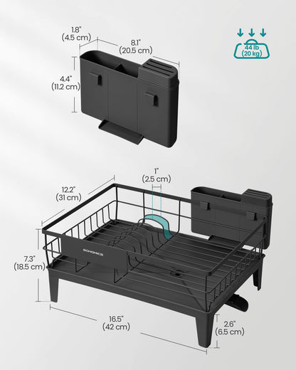 SONGMICS Dish Drying Rack, Kitchen Dish Rack with Drainboard, 360° Rotatable and Extendable Spout, with Cutlery Holder, 12.2 x 16.5 x 7.3 Inches, Ink Black UKCS550B01