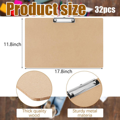 Henoyso 32 Pcs 11x17 Clipboard Wooden Horizontal Lap Board Extra Large Wood Clip Board with Low Profile Clip Desk Brown Landscape for Drawing Sketch Art for Classroom Office School Architects
