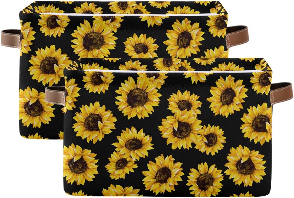 senya Large Foldable Storage Basket, Black Fabric Organizer Bag with Sunflowers and Handles 15 x 11 x 9.5 inch