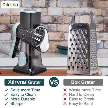 Rotary Cheese Grater with Handle Kitchen Shredder Slicer Grater Slicer Ice Shaver Cheese Vegetable Nuts Potato Zucchini Chocolate 3 Interchangeable Blades (GreyBlue