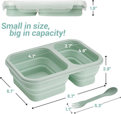 Green Collapsible Lunch Containers with Lid, 2 Compartments | Foldable Silicone Bento for Adults | BPA-Free Food