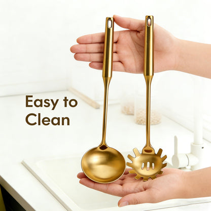Gold Ladle Stainless Steel Strainer & Serving Spoons Set Premium Pasta Strainer for Cooking, Stirring, Serving Pasta, Soup & Sauce - Heavy-duty Kitchen Utensils for Daily Use & Gifting
