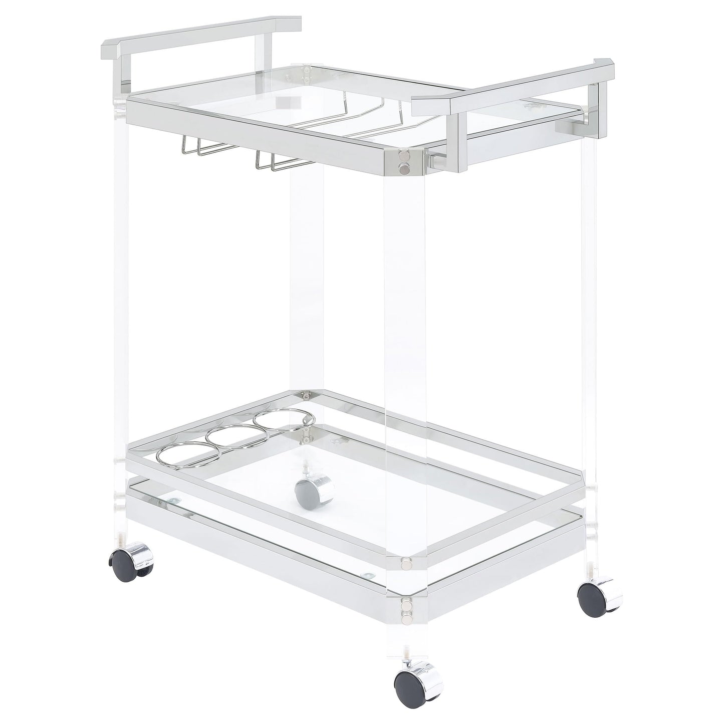 BOWERY HILL Bar Cart, Chrome Finish, Acrylic and Metal Frame with Glass Shelves, 35" H x 28.5" W x 17.25" D, Wine Bottle and Stemware Racks, Contemporary Style Serving Cart with Wheels