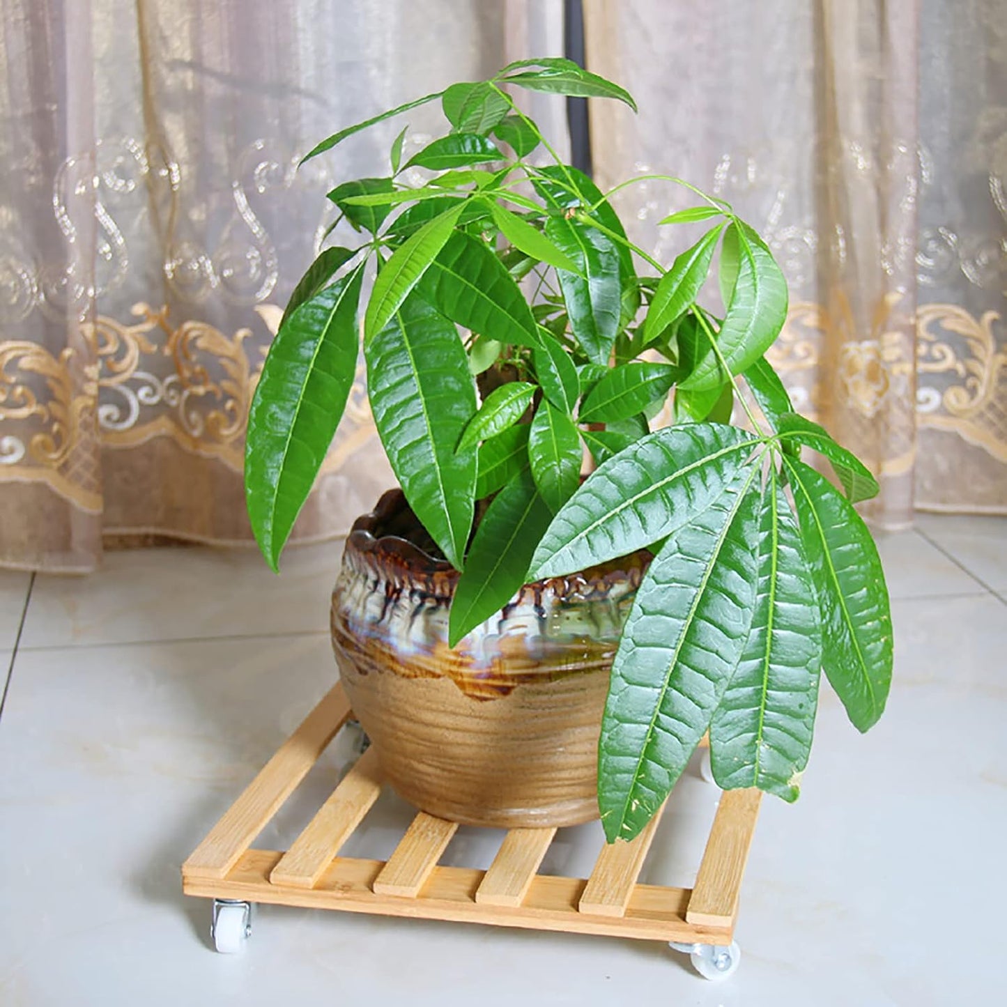3 Pack 100 Lbs, 12 Inch Cedilis Plant Caddy, Bamboo Plant Stand with Rolling Wheels, Mobile Flower Pot Mover Roller