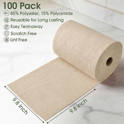 CHAUNCEY HOME Microfiber Cleaning Cloth Roll - 100 Pack Tear Away Microfiber Paper Towels, Reusable, Washable, Scratch-Free, Kitchen Towels for Car, Home, Kitchen, Glass, Dishes(Desert Gold)