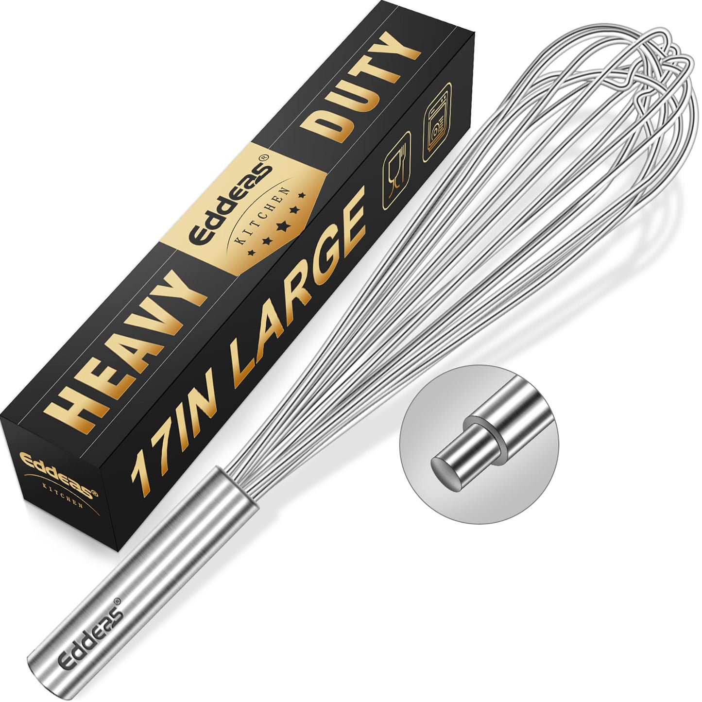 Eddeas 17in Large Whisk,Heavy Duty whisk, Stainless Steel whisk Suitable for Mixing Thick batter, Dry Ingredients and Seasonings.Accessories for professional commercial kitchens.