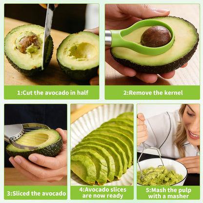 3-in-1 Avocado Slicer Tool,Stainless Steel Avocado Cutter with 2pcs Potato Masher- Multi-Function Avocado Tool for Slicing,Scooping Pit Removal Kitchen Too