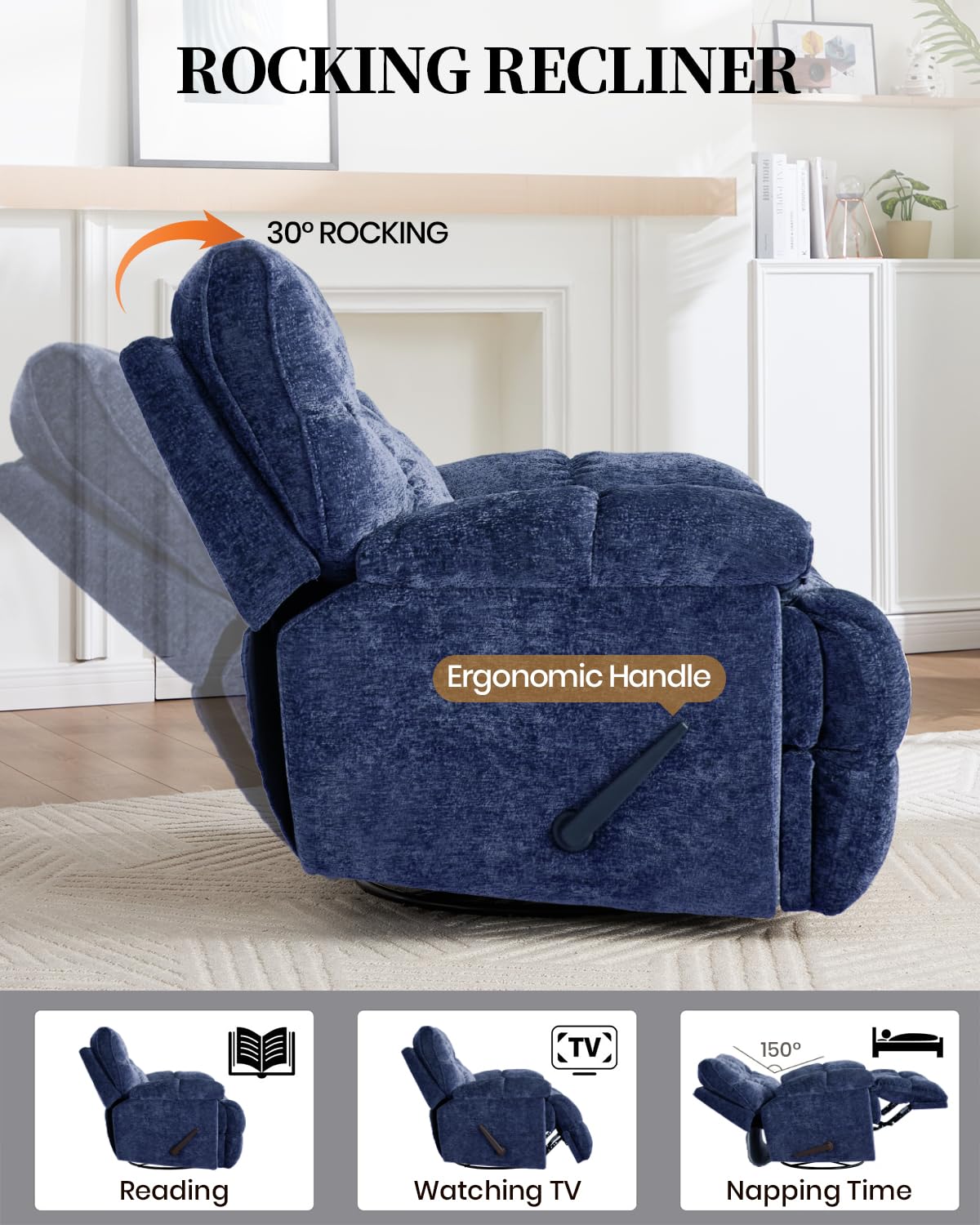 GARTMILAN Oversized Manual Recliner Chair with 360° Swivel, Big and Tall Rocker Glider for Nursery Living Room, Chenille Overstuffed Reclining Sofa with Handle, 375lbs (Blue, Manual)