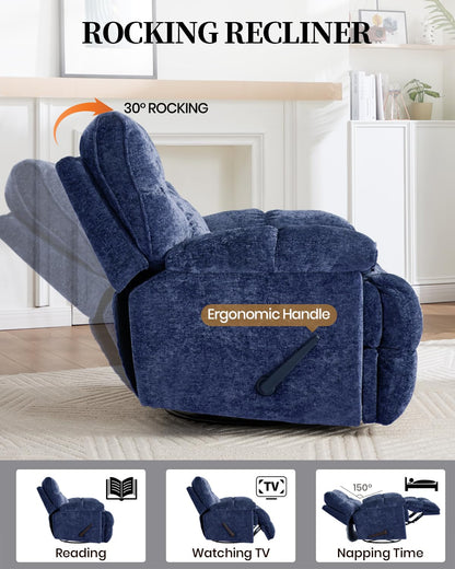 GARTMILAN Oversized Manual Recliner Chair with 360° Swivel, Big and Tall Rocker Glider for Nursery Living Room, Chenille Overstuffed Reclining Sofa with Handle, 375lbs (Blue, Manual)