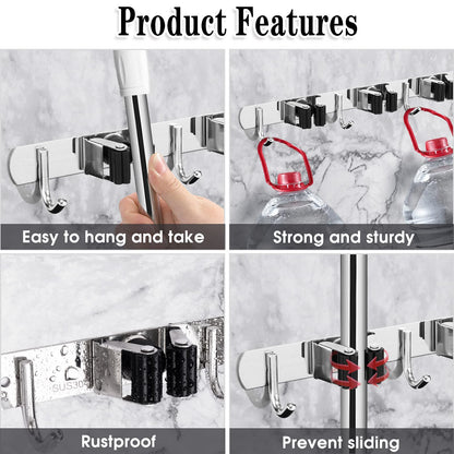 AceMining 5 Racks and 4 Hooks Mop and Broom Holder Wall Mount, Broom Organizer Storage Tool Racks Stainless Steel Heavy Duty Hooks Self Adhesive Solid Non-slip for Home Kitchen Garden Laundry Garage