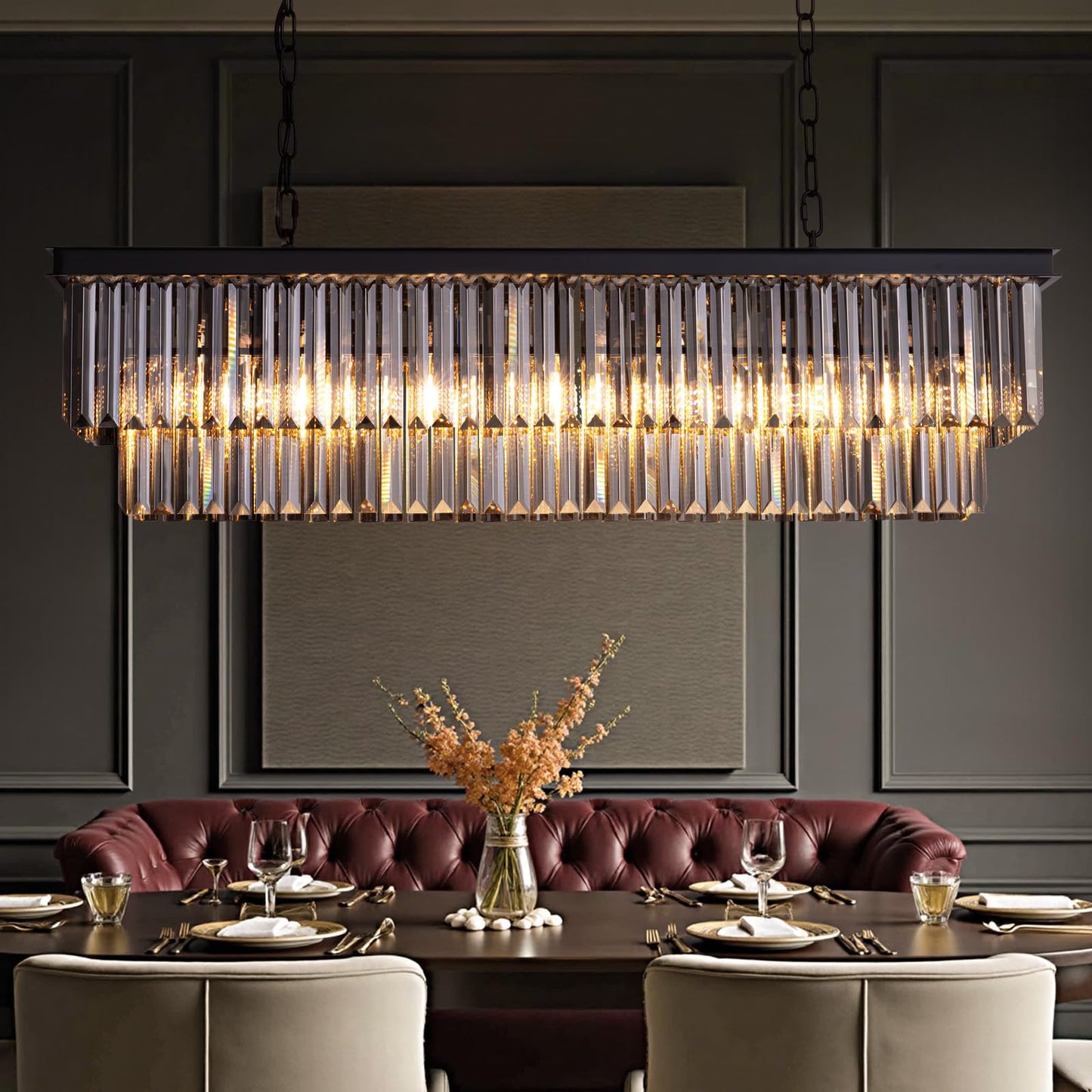Tinkoso 39-inch Rectangle Crystal Chandeliers for Dining Room,Hanging Ceiling Light for Kitchen Island,Smoky Gray K9 Crystal Pendant Lighting,59-inch Adjustable Wire,Matte Black Finish