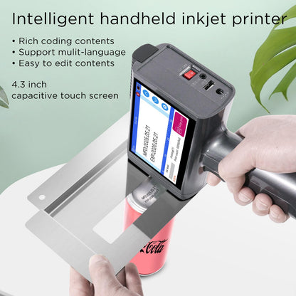 ZHONGMIN Handheld Inkjet Printer with 42ml Quick-Drying Ink Cartridge for Text/Date/Barcode/Logo, Metal Body, 4.3" Touch Screen, Print Height 0.08"-0.5", Portable Industrial Coding Machine ZM-C120L