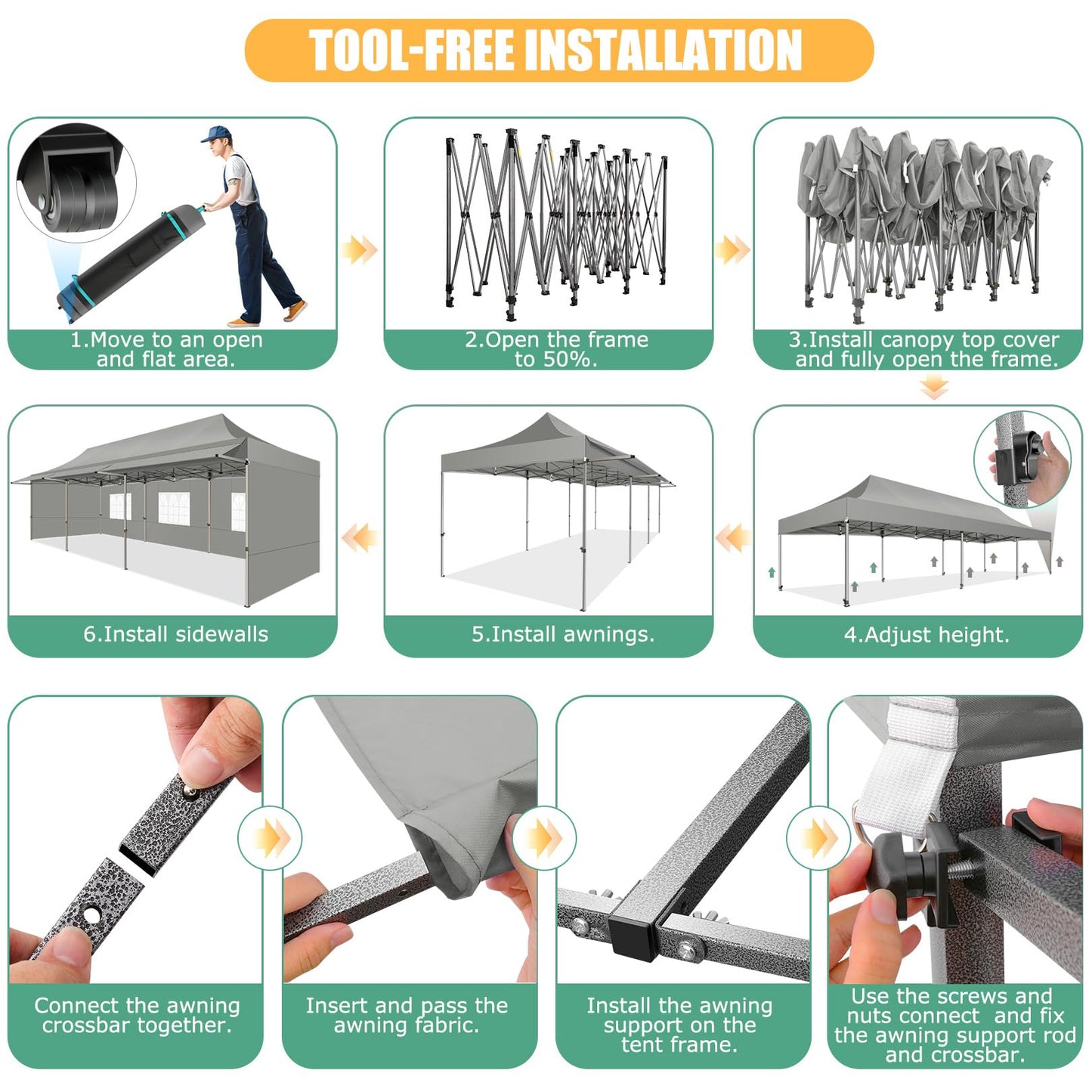 COBIZI 10x30 Pop Up Canopy Tent with Awning,Heavy Duty Canopy UPF 50+ All Season Wind Waterproof Commercial Outdoor Street Vendors Party Tents for Parties Canopy with Roller Bag(10 x 30 ft Gray)