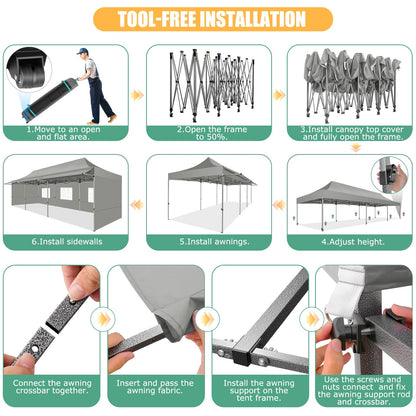 COBIZI 10x30 Pop Up Canopy Tent with Awning,Heavy Duty Canopy UPF 50+ All Season Wind Waterproof Commercial Outdoor Street Vendors Party Tents for Parties Canopy with Roller Bag(10 x 30 ft Gray)