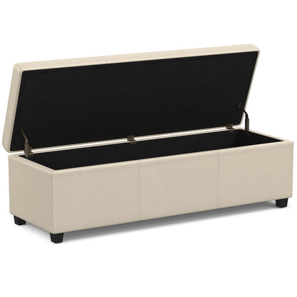 SIMPLIHOME Avalon Extra Large Storage Ottoman Bench - 54 inch Wide Upholstered Vegan Leather Rectangular Lift-Top Ottoman in Satin Cream, Contemporary Bench for Living Room with Hidden Storage