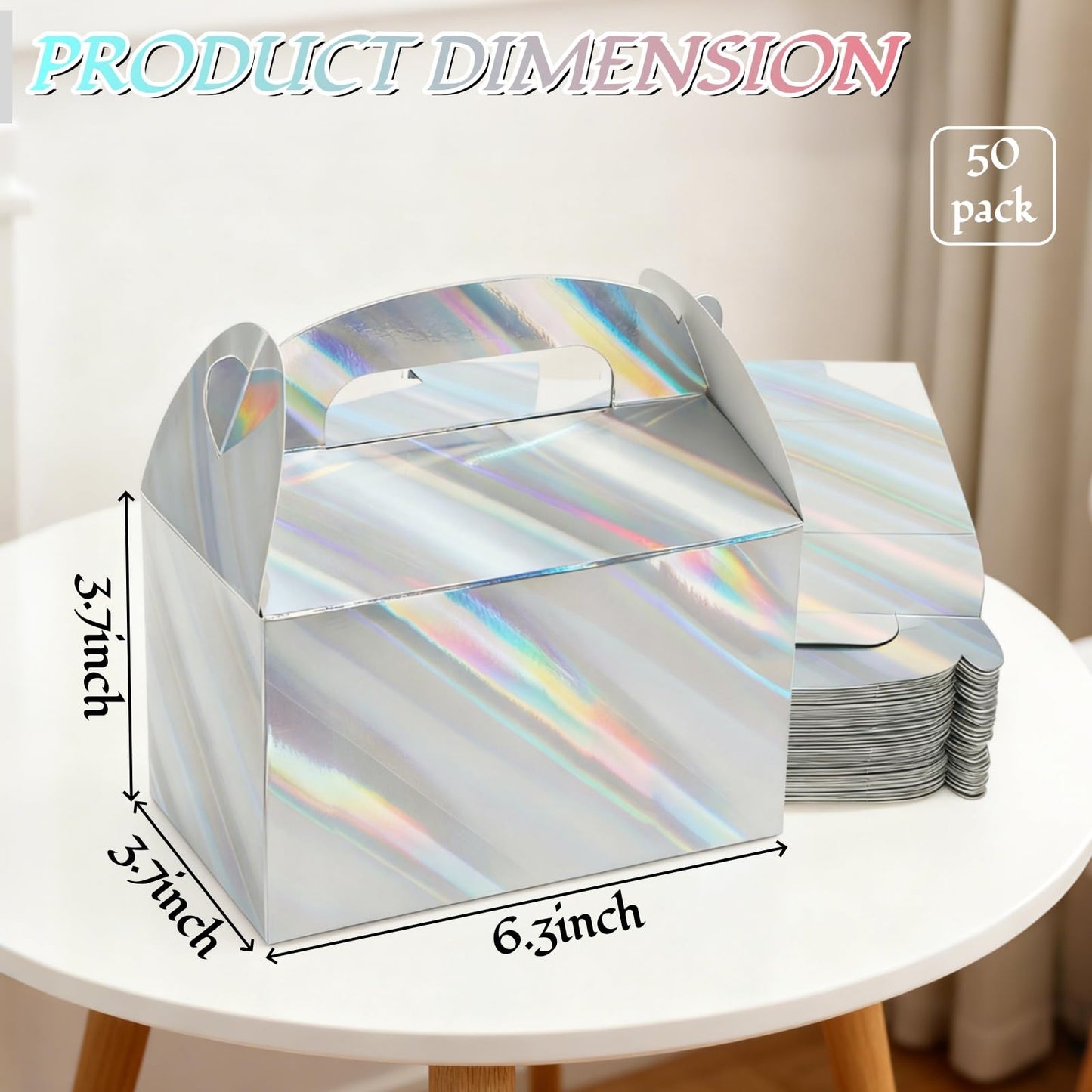 ZAVOOS 50 Pack Party Favor Boxes, 6.3 x 3.7 x 3.7 Inch Iridescent Candy Gable Boxes with Handle, Paper Goodie Gift Box Snack Cookies Containers bulk for Christmas, Wedding, Birthday