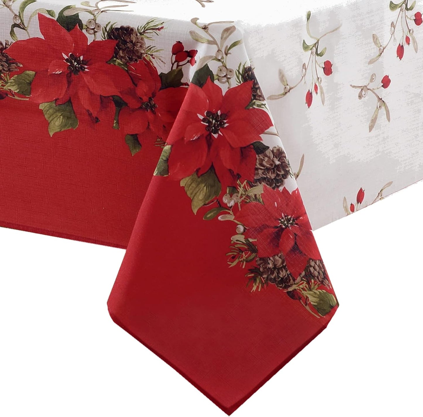 Newbridge Christmas Blooming Poinsettia’s Double Bordered 70 Inch Long Table Runner, Holiday Red and White Poinsettia