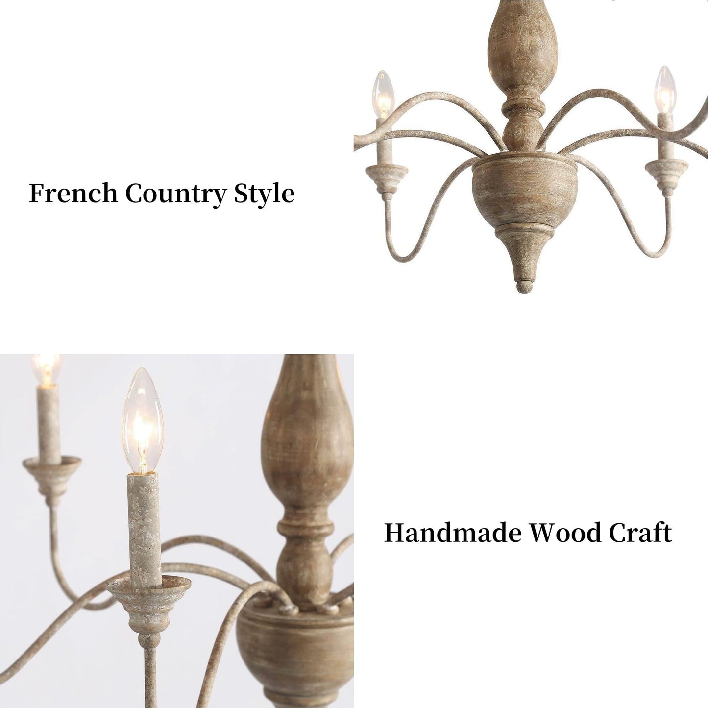 LALUZ Farmhouse Chandelier, 6-Light French Country Wood Lighting for Dining Room, Distressed Shabby Chic Chandelier, Cloud Arms in Rusty Metal Finish for Living Room, Bedroom