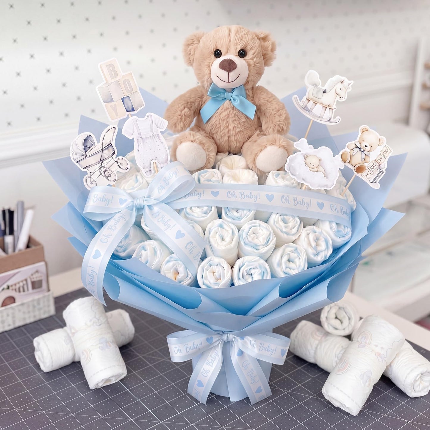 Pinkunn 66pcs Teddy Bear Bouquet DIY Kit Accessory New Mom Gift Newborn Gender Reveal Baby Shower Supplies Flower Making Essentials Decorations with Teddy Bear Light Blue Ribbon Wrapping Paper Cards