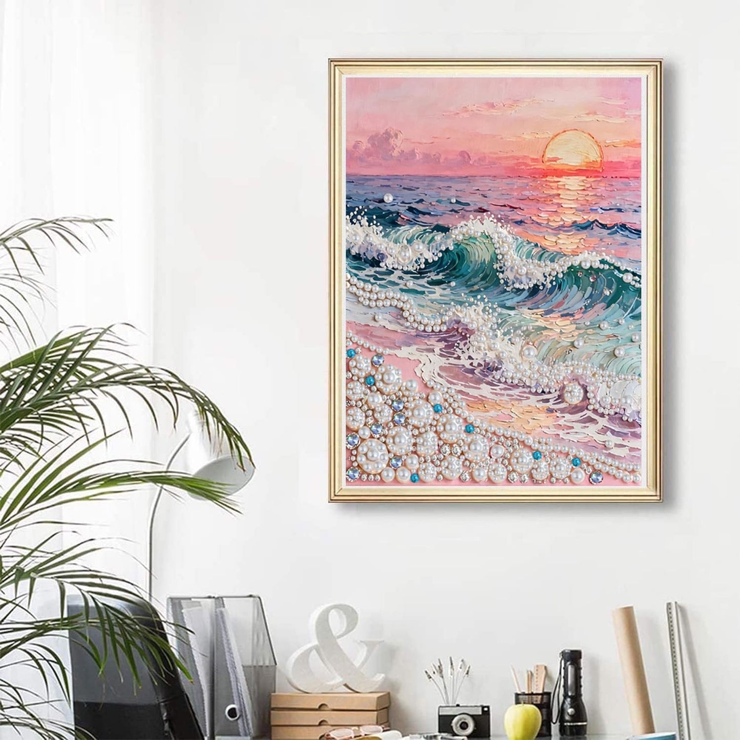 LPDJITO Beach Sunrise Diamond Art Pearl Painting Kit, DIY Pearl Art Painting, Beach Pearl Diamond Painting Kits, Handmade Gem Dot Picture Craft for Home Wall Decor 12x16 inch Wave