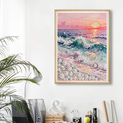 LPDJITO Beach Sunrise Diamond Art Pearl Painting Kit, DIY Pearl Art Painting, Beach Pearl Diamond Painting Kits, Handmade Gem Dot Picture Craft for Home Wall Decor 12x16 inch Wave