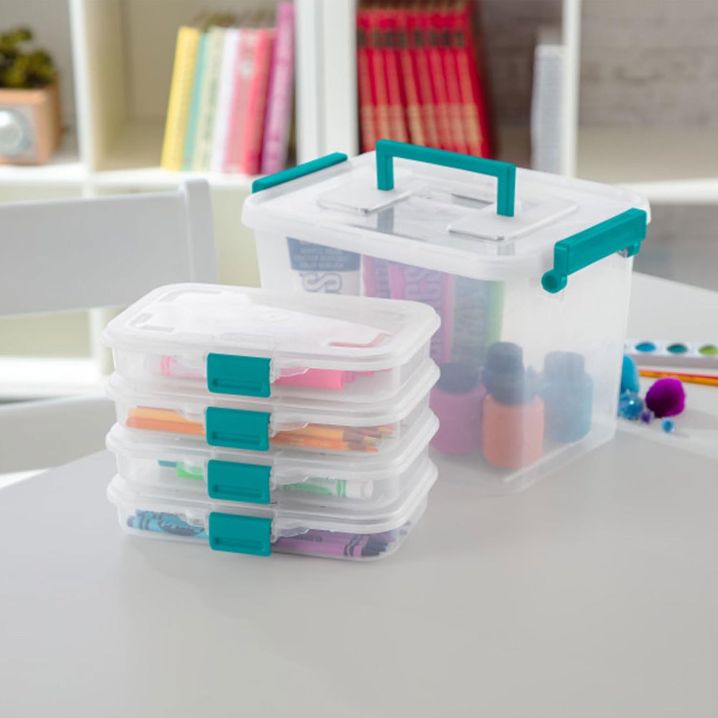 Sterilite Small Divided Pencil Box, Stackable Plastic Storage Container with Latching Lid, Clear Case, 12 Pack