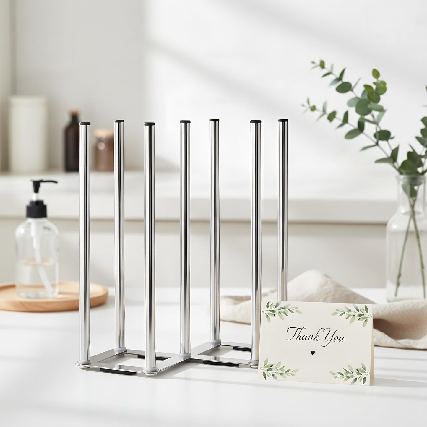 ANSOTHIN Water Bottle Drying Rack, Cup Drying Rack for Counter, Stainless Steel Tumbler Dryer Stand, Space-Saving Mug & Glass Drying Rack, Heavy-Duty Holder for Cups & Water Bottles (Silver – 7 Pegs)