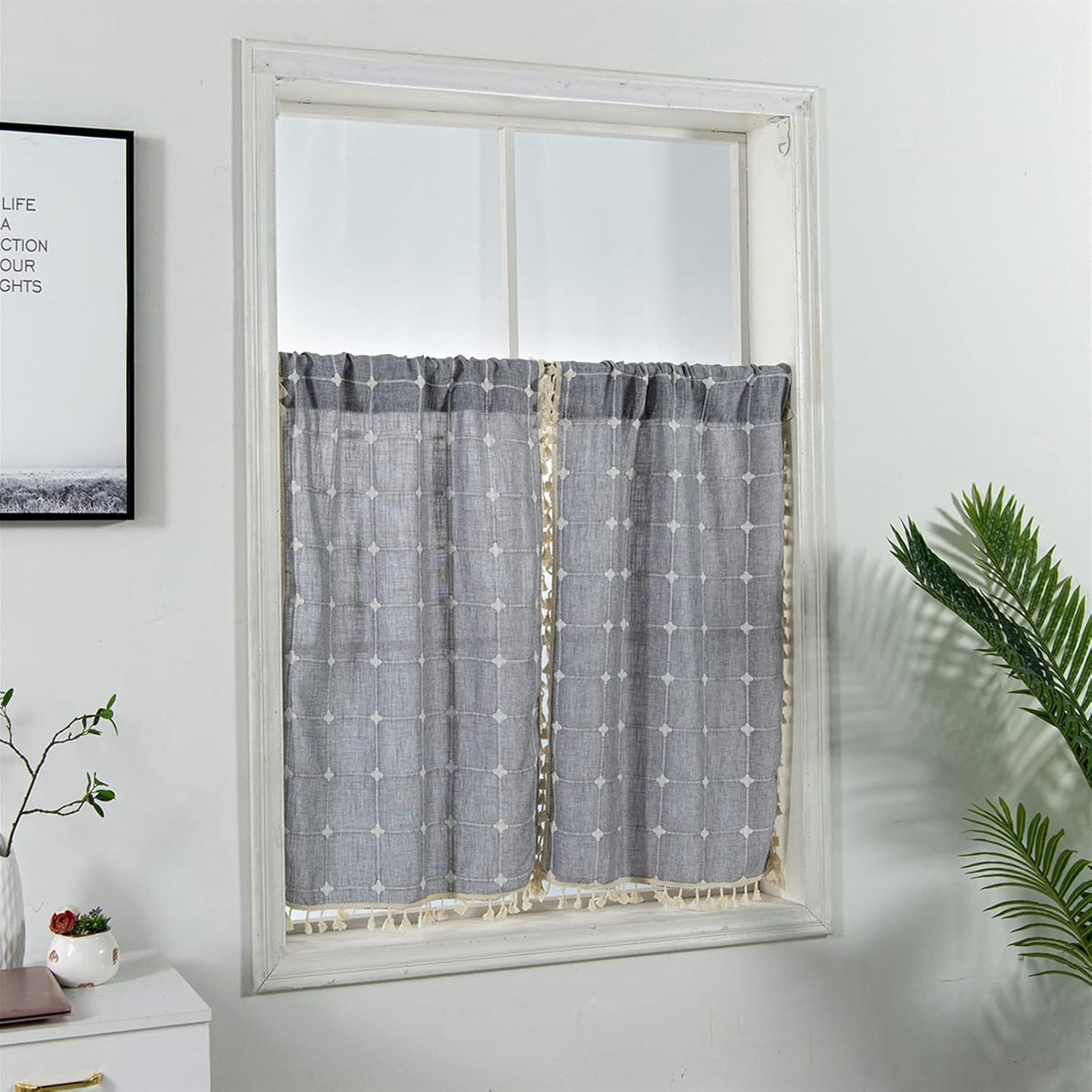 YoKii Boho Kitchen Curtains 36 Inch Length, Modern Farmhouse Cotton Linen Short Window Panel with Gingham Tassel