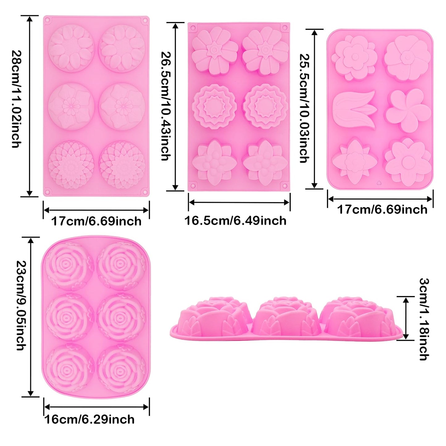 WOOPSOO 4 Pcs Flower Soap Molds Rose Silicone Molds Cake Molds Floral Chocolate Mold Set for Home Handmade DIY Candle Baking Tray Bars Wax Melts Tool