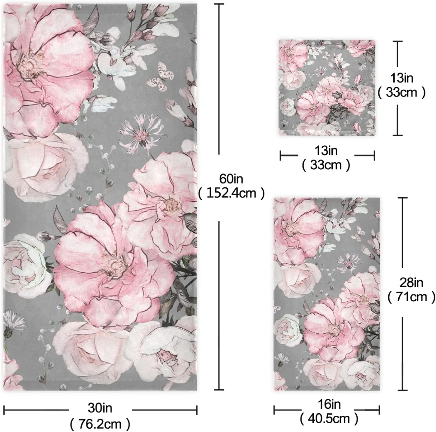 Sets 3 Sets1 1 1 ALAZA Pink Flowers Roses and Leaves on Gray Towel Bathroom Piece Bath Towel Bath Towel Hand Towel