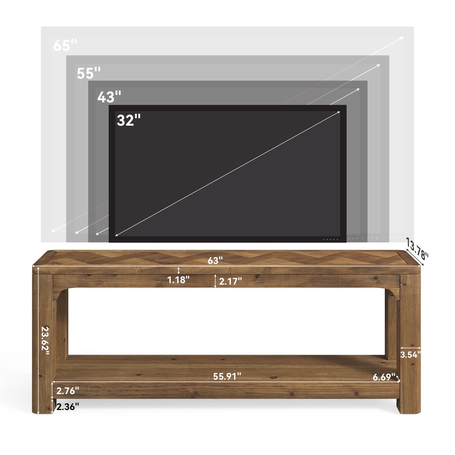 LITTLE TREE Solid Wood TV Stand with Open Storage Shelves, Farmhouse TV Stand for 65-Inch TV, Mid Century Modern TV Stand for Living Room, Bedroom - 63" Rustic Brown