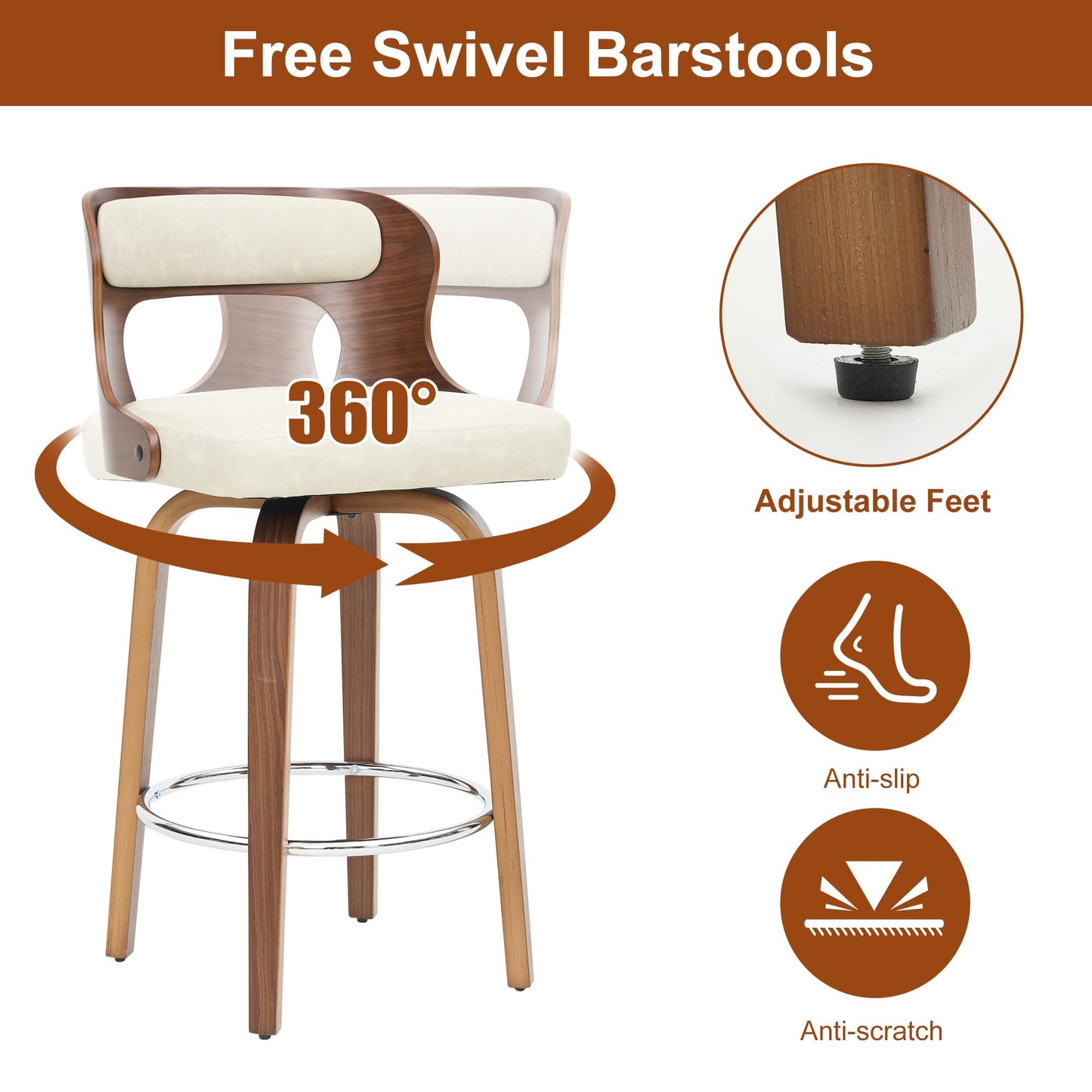 ClinQ Counter Height Bar Stools 26" Barstools with Bentwood Legs and Back, Faux Leather 360° Swivel Counter Stools, Mid Century Accent Bar Stools Set of 4 for Kitchen, Restaurant, Grey