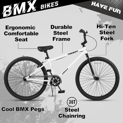 cubsala 24 Inch BMX Race Bike Trident Bicycles Beginner-Level to Advanced Riders with 2 Pegs Trick Cycling and Professional Riding, White