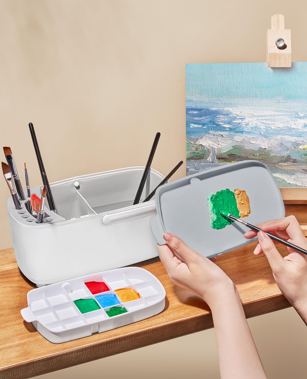 GAMENOTE Paint Brush Cleaner - Paint Brush Holder with Palette and Handle,Rinser for Acrylic, Watercolor, and Water-Based Paints, Painting Art Supply Storage Organizer (White+Grey)