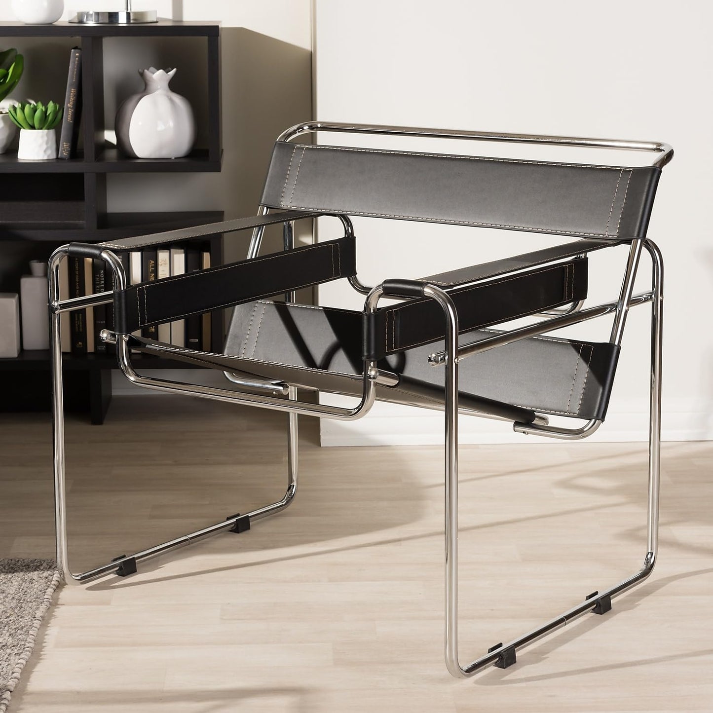 Baxton Studio Wassily Style Mid Centry Modern Accent Chair,Steel Frame and Faux Leather, Wide Seating
