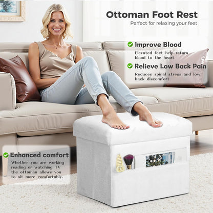 300 lbs, 17x13x13IN Storage Ottoman Cube, Small Ottoman with Storage with Thicker Furry Padded Seat. Folding Soft Fur